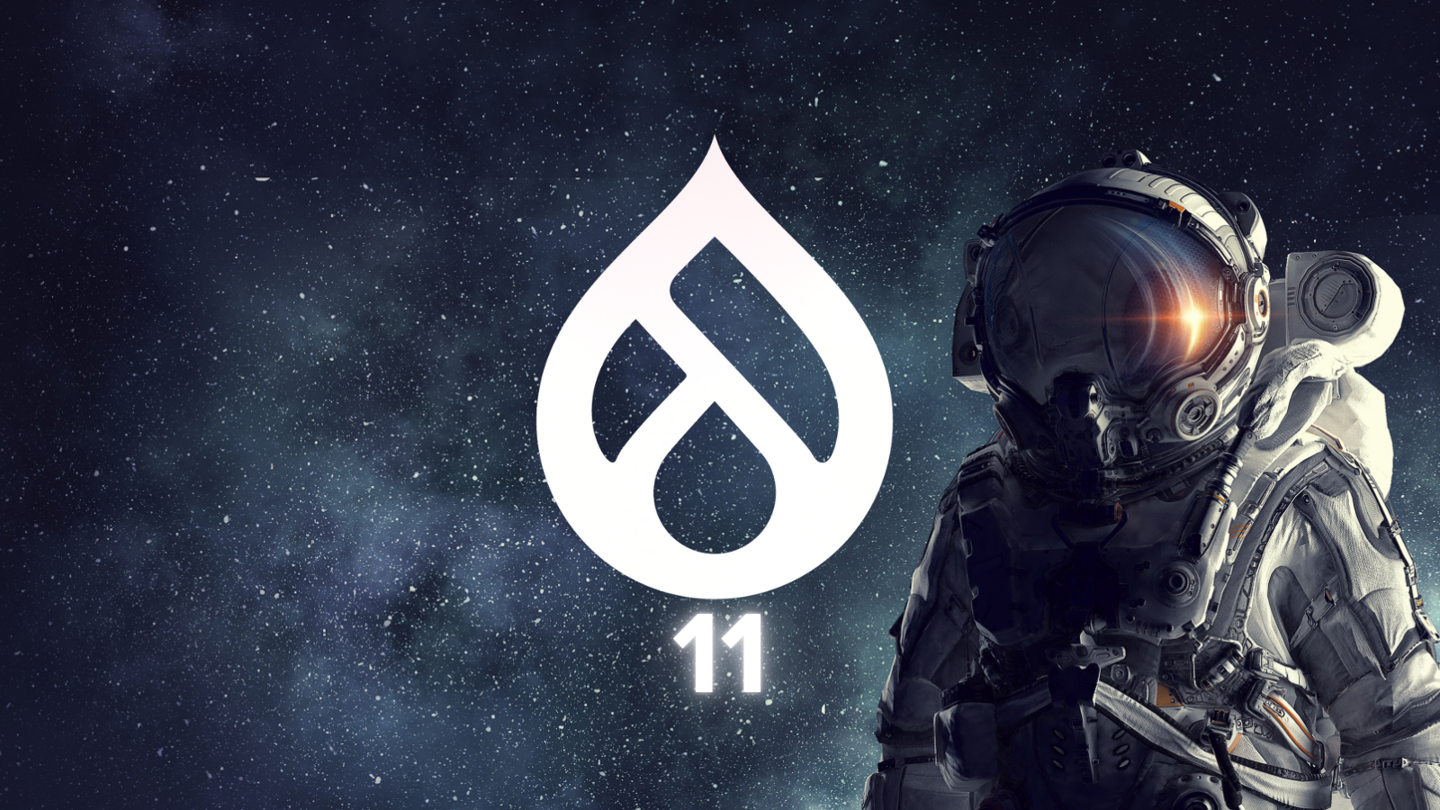 An Astronaut on a space background and Drupal 11  logo