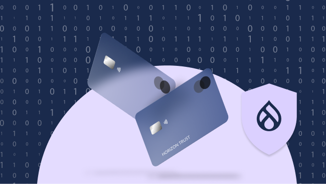 Two sleek blue credit cards labeled "Horizon Trust" hover above a soft purple background with binary code (1s and 0s) in the backdrop, symbolizing digital security