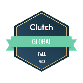 Clutch Global Fall 2023 award badge, dark blue hexagon with green ribbon.