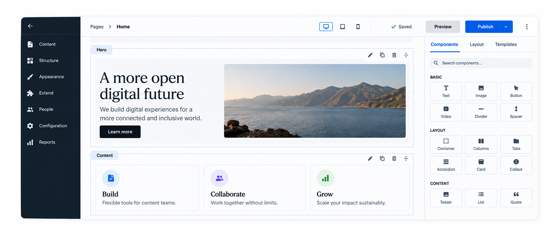 Dashboard interface with sidebar menu, banner reading "A more open digital future," and icon grid.