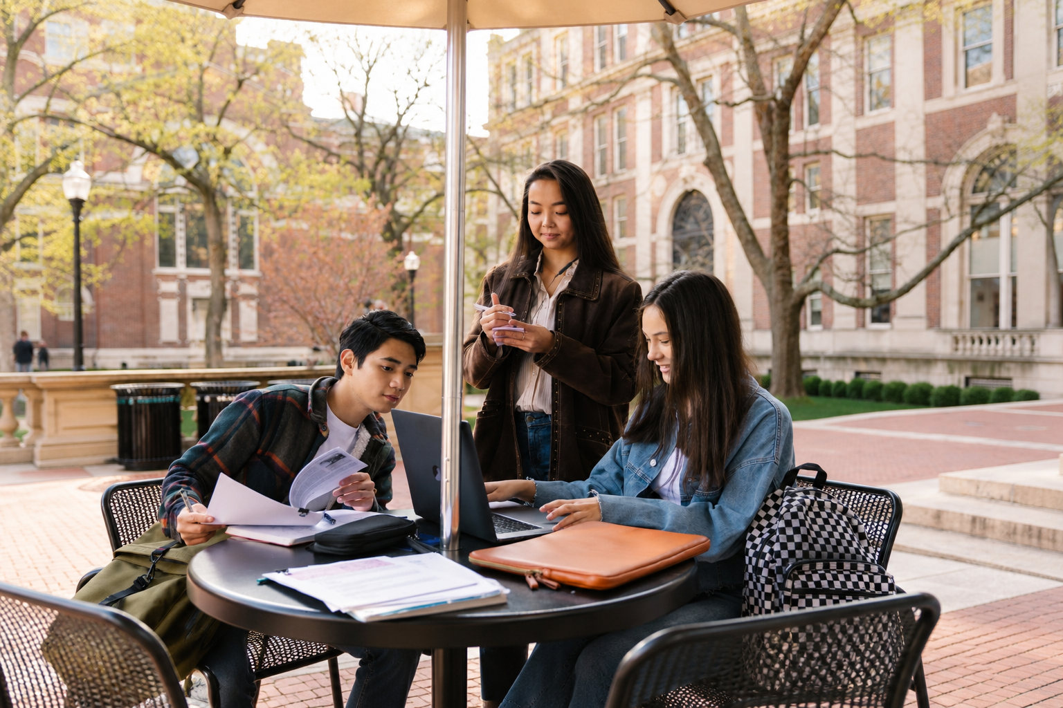 Students collaborating at an outdoor table on a college campus with a brick building behind them.