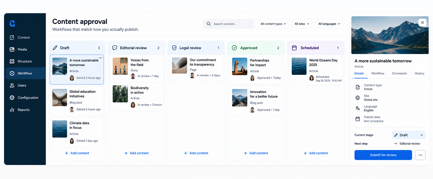 Content approval dashboard with grid of image thumbnails and details panel.