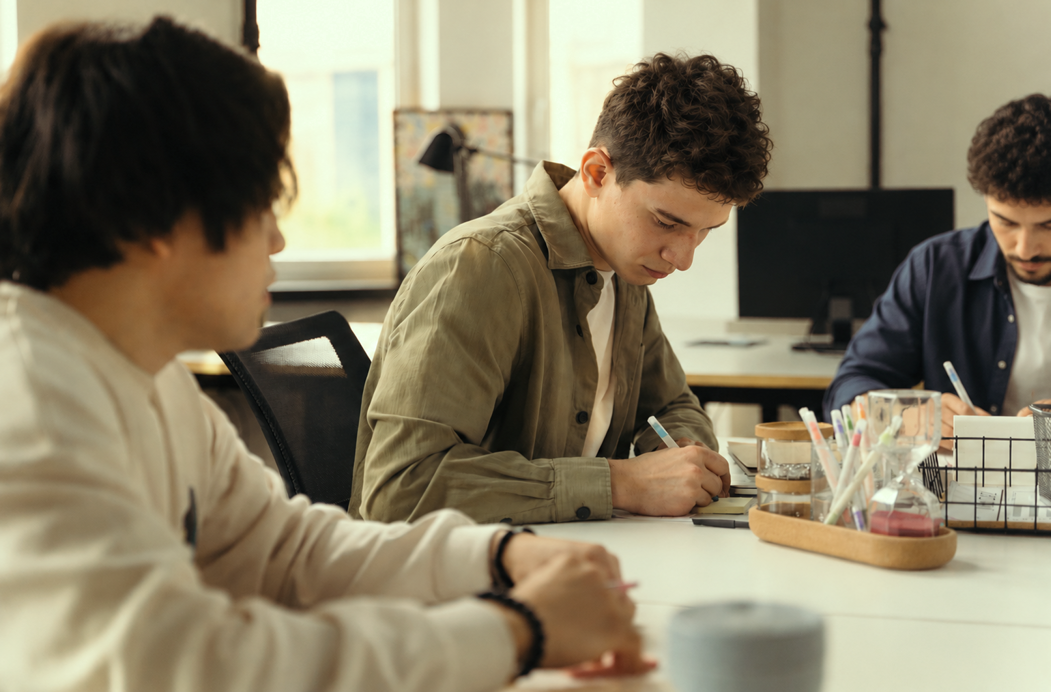 Three people working at a table in a modern office with computer monitors.