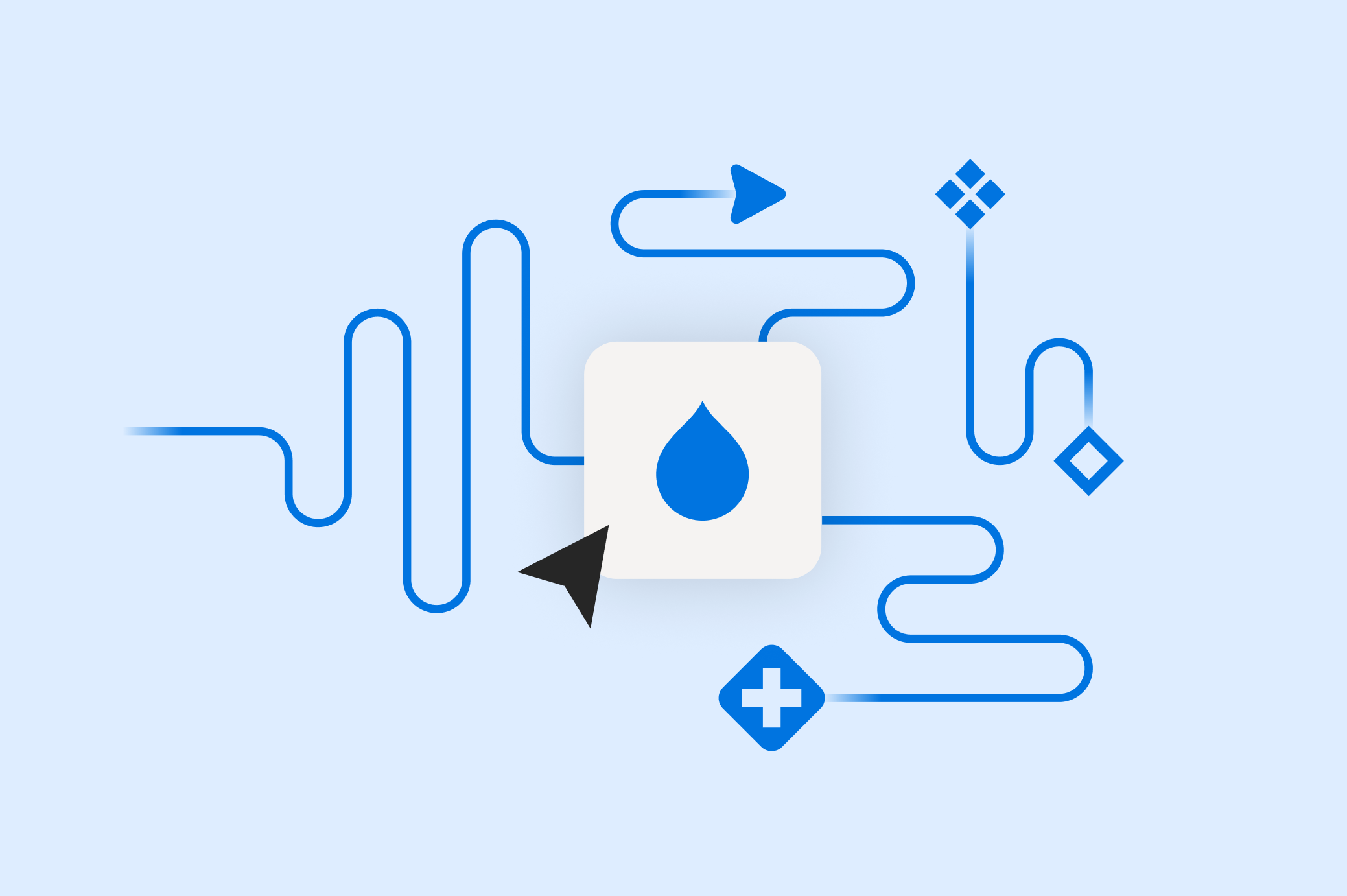 Blue line graphic with water droplet icon, arrows, and geometric shapes.