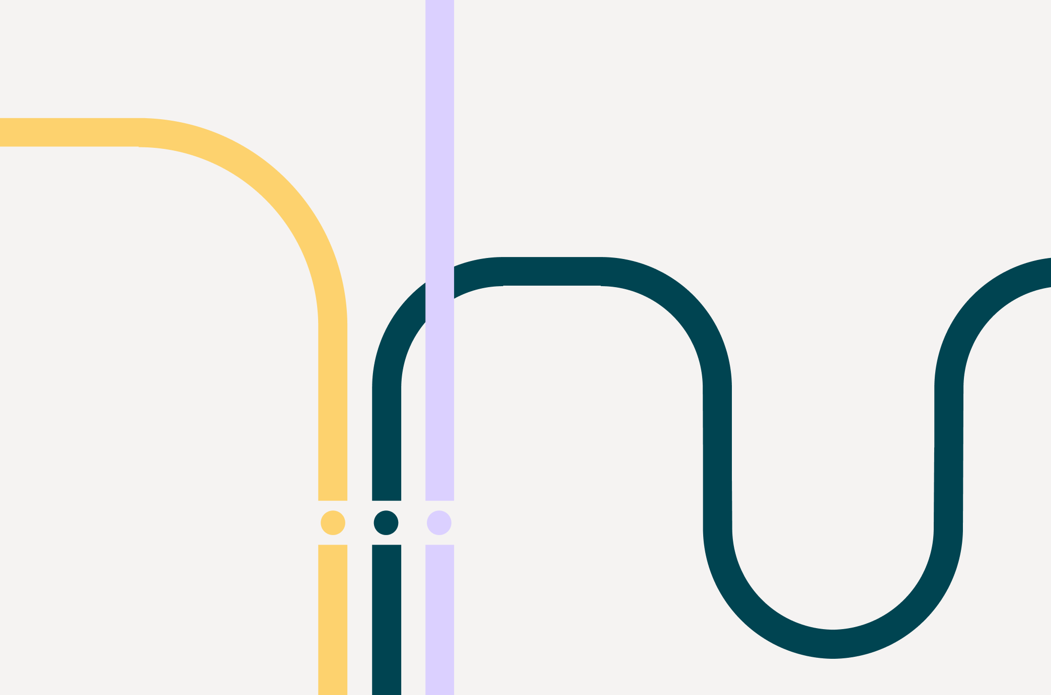 Abstract graphic with yellow, purple, and dark teal curved lines on beige background.