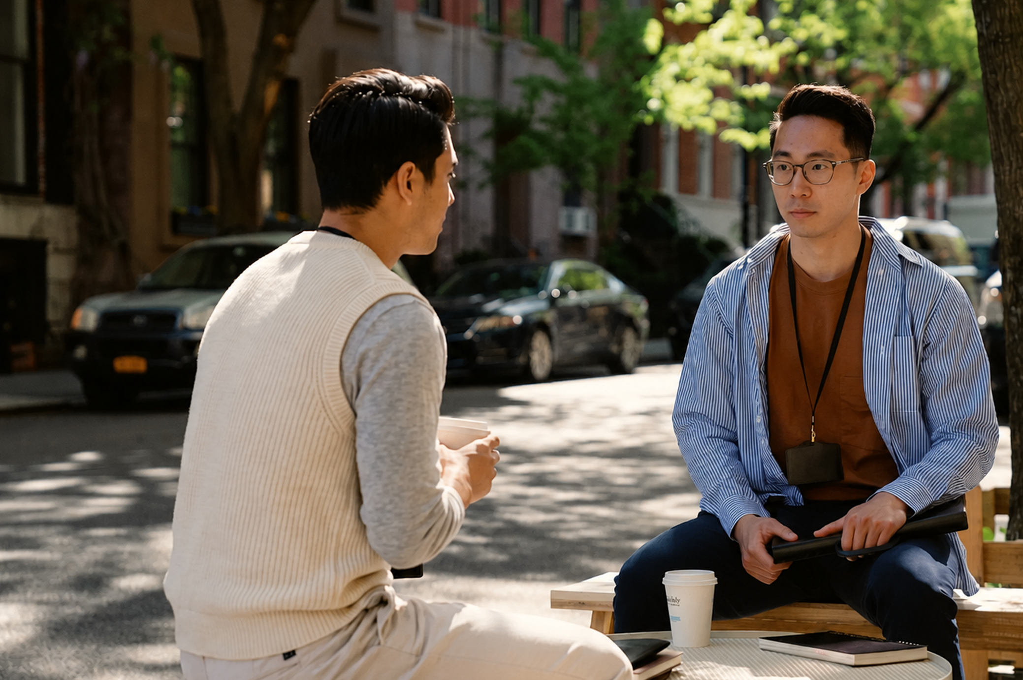 Two men sit and talk on an outdoor stoop along a tree-lined city street.