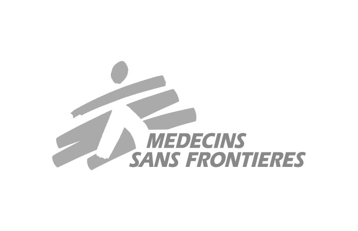 Médecins Sans Frontières logo, gray figure icon with organization name.