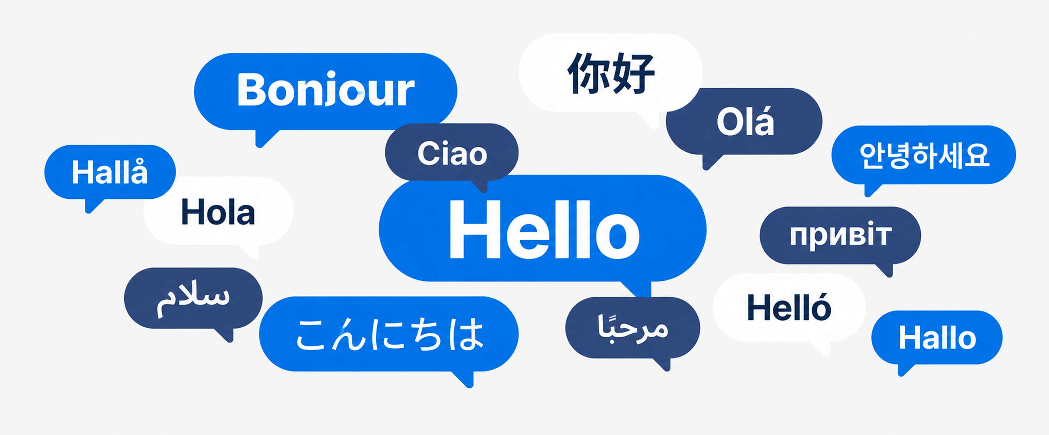 Speech bubbles with "Hello" translated in multiple languages worldwide.