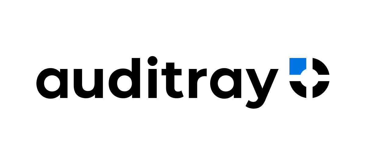 Auditray logo, black text with a blue geometric icon.