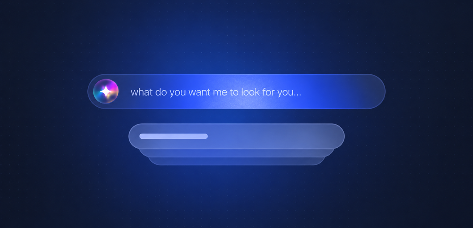 Blue search bar interface with glowing gradient orb icon and text field.