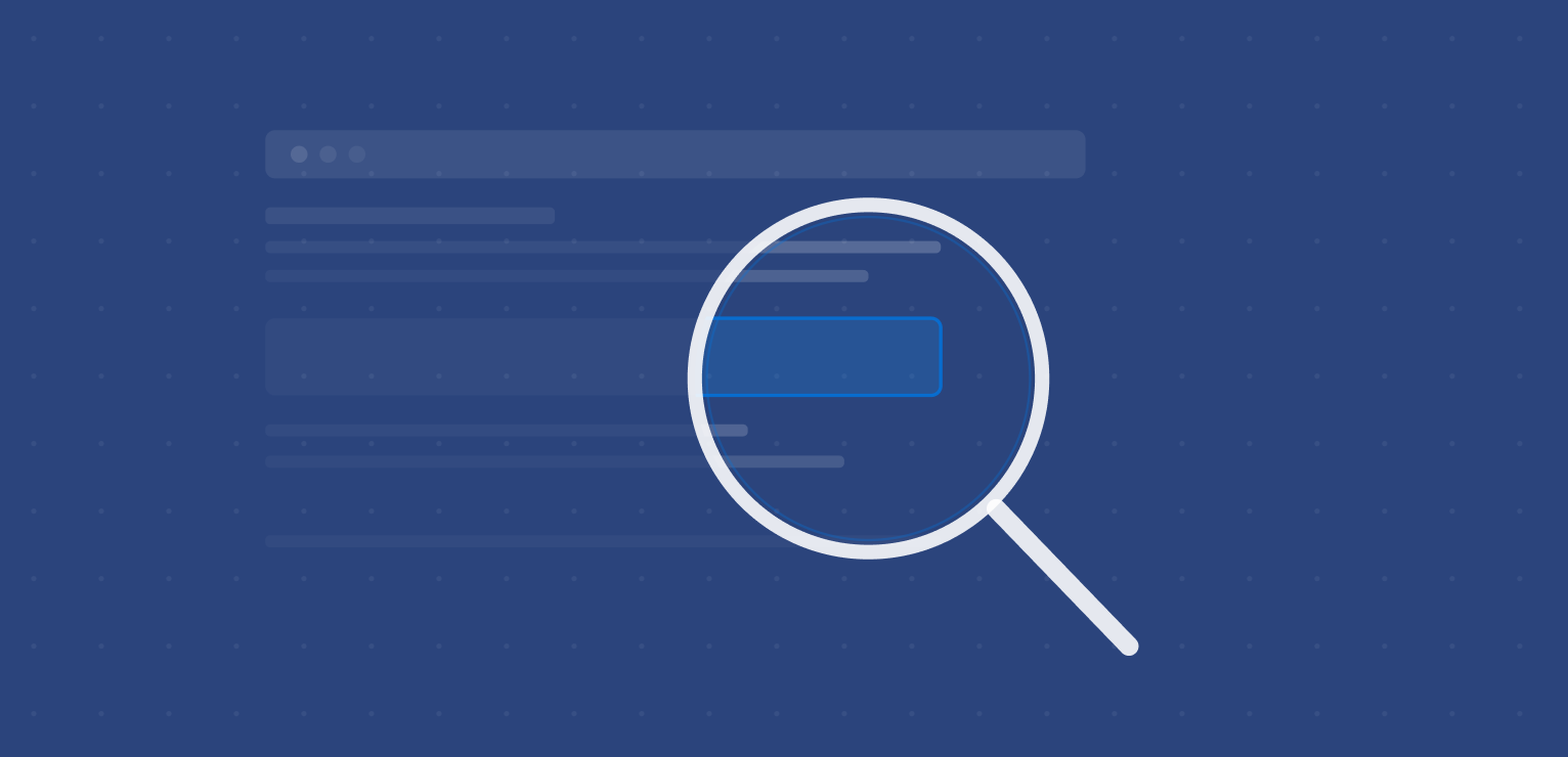 Magnifying glass icon over blurred document lines on a blue background.