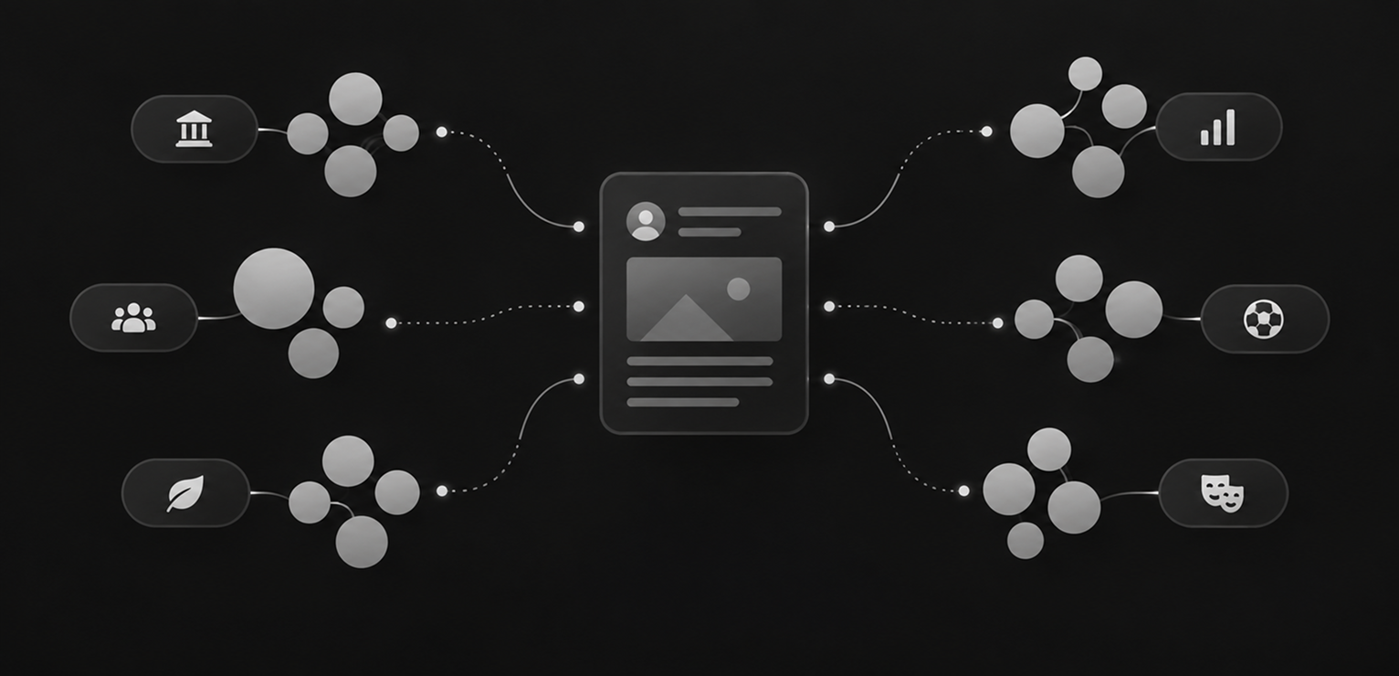 Dark network diagram with a central device connected to icons via nodes.