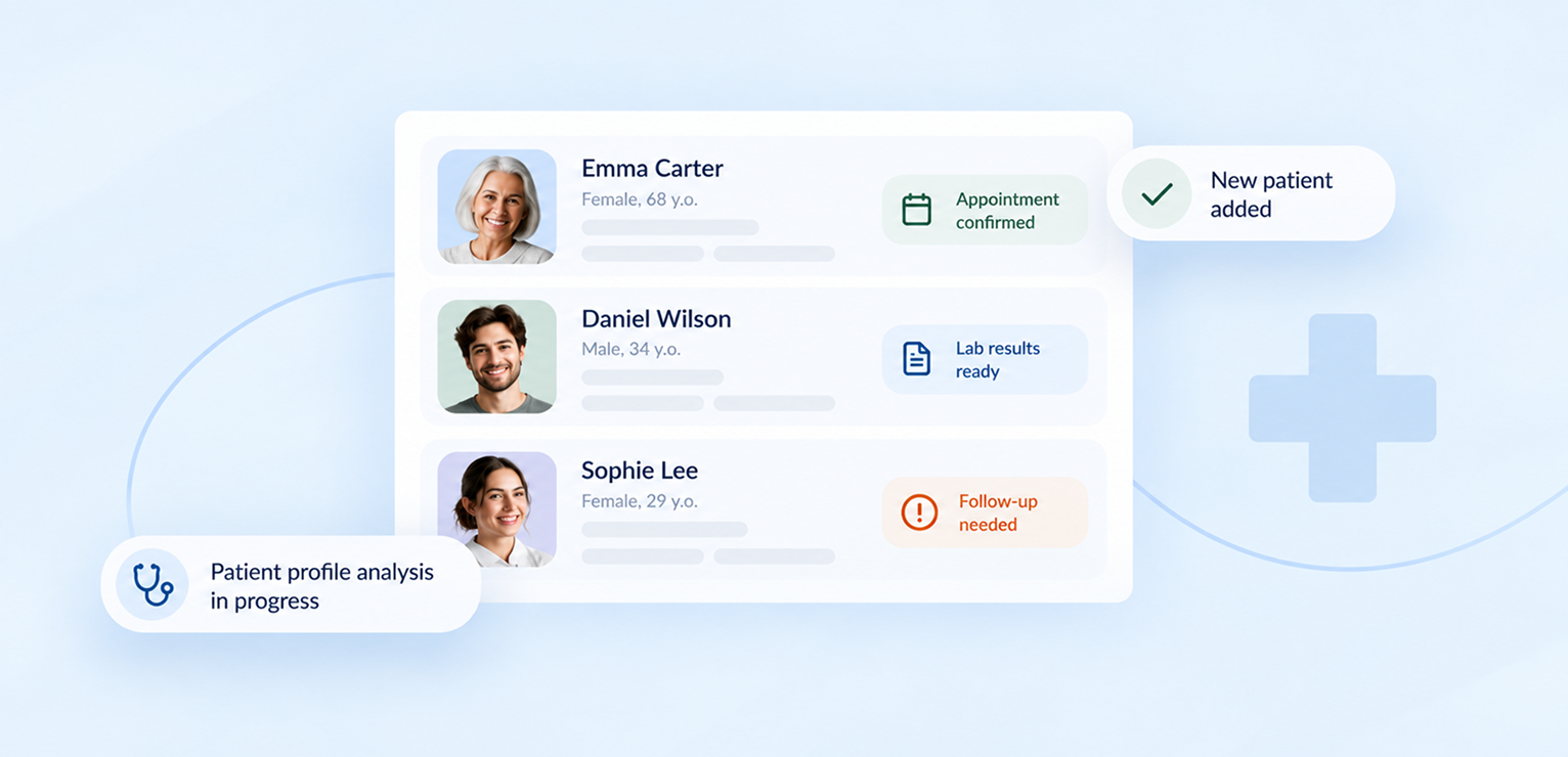 Patient management dashboard interface with profile icons and a medical cross graphic.