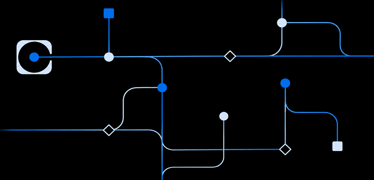 Abstract circuit board pattern with glowing blue lines, nodes, and diamond shapes.