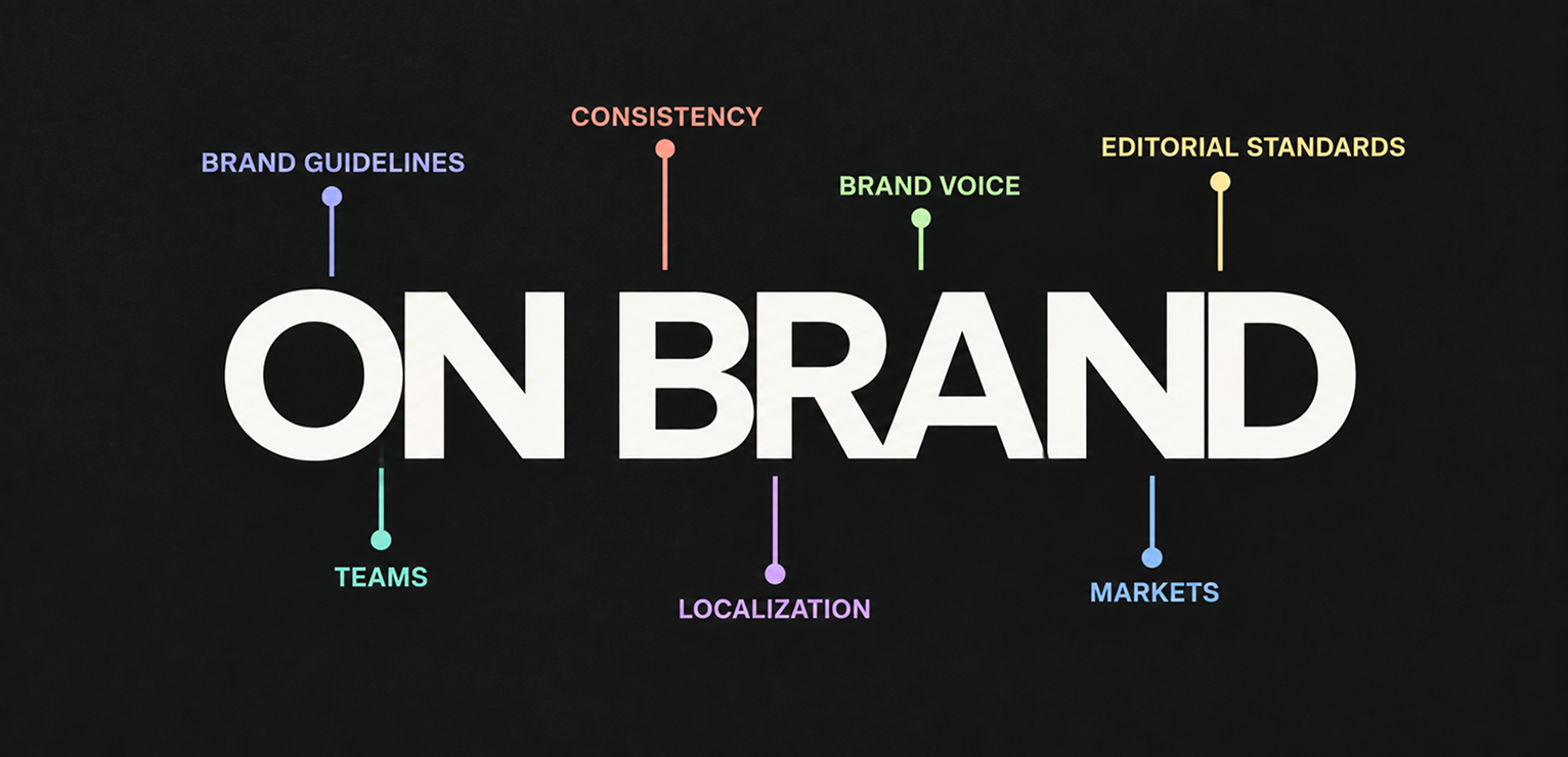 "On Brand" graphic with colorful arrows pointing to terms like voice, markets, teams.