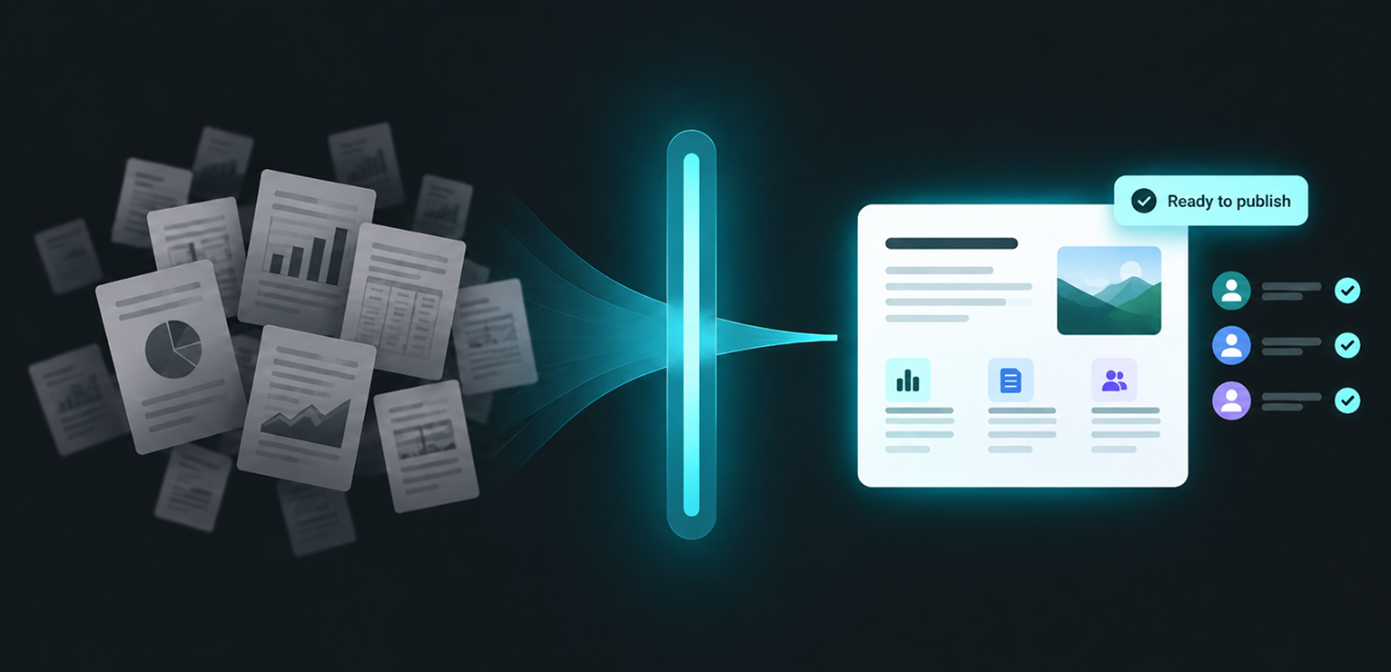Graphic showing scattered documents transforming into an organized digital dashboard interface.