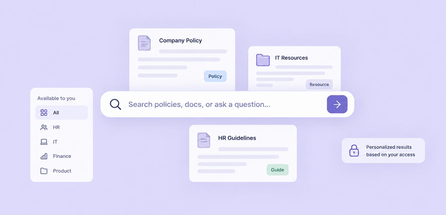 Search interface with document icons, search bar, and floating category cards on purple background.