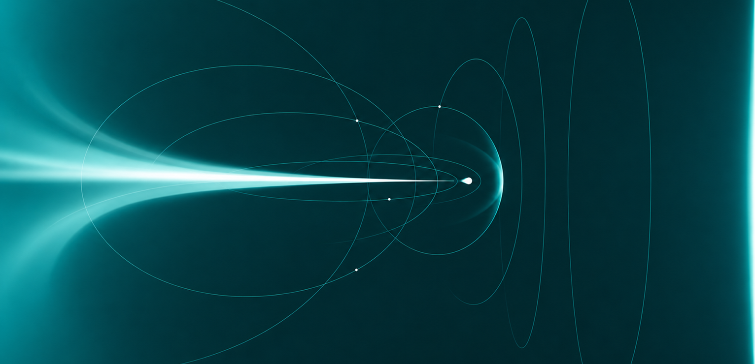 Abstract teal graphic of a glowing particle with orbiting curved lines.