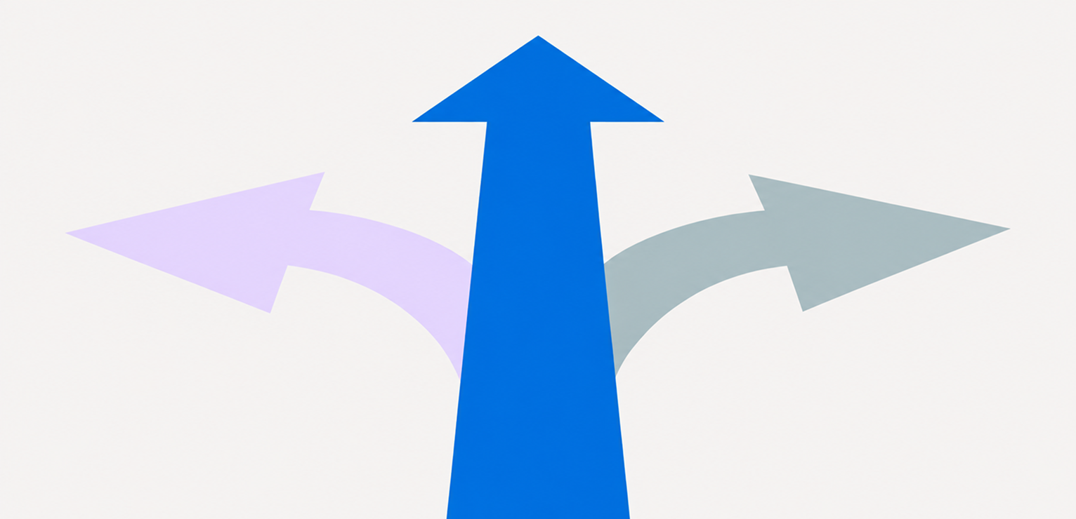 Blue upward arrow flanked by faded pink and gray diagonal arrows, icon graphic.