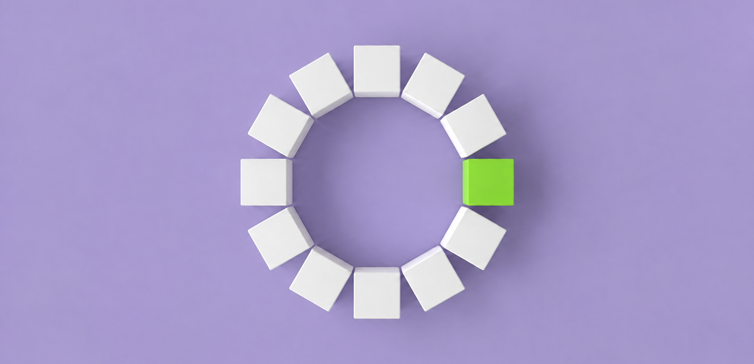 Ring of white cube icons with one green cube, on a purple background.