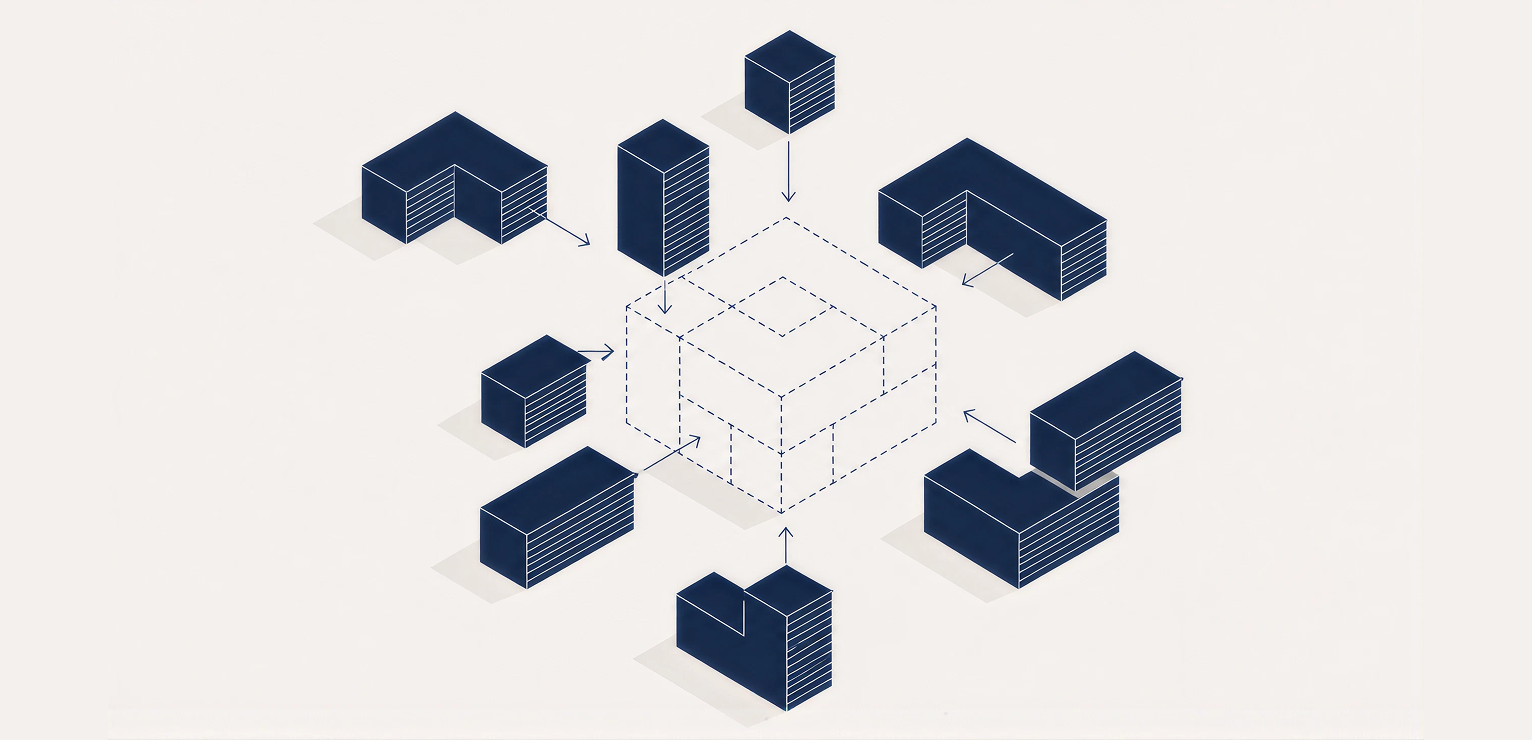 Blockchain graphic with connected navy blue cube nodes forming a hexagonal pattern.