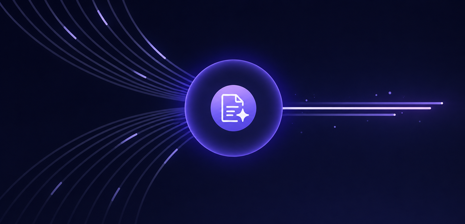 Purple glowing circular logo with abstract light streaks on dark background.