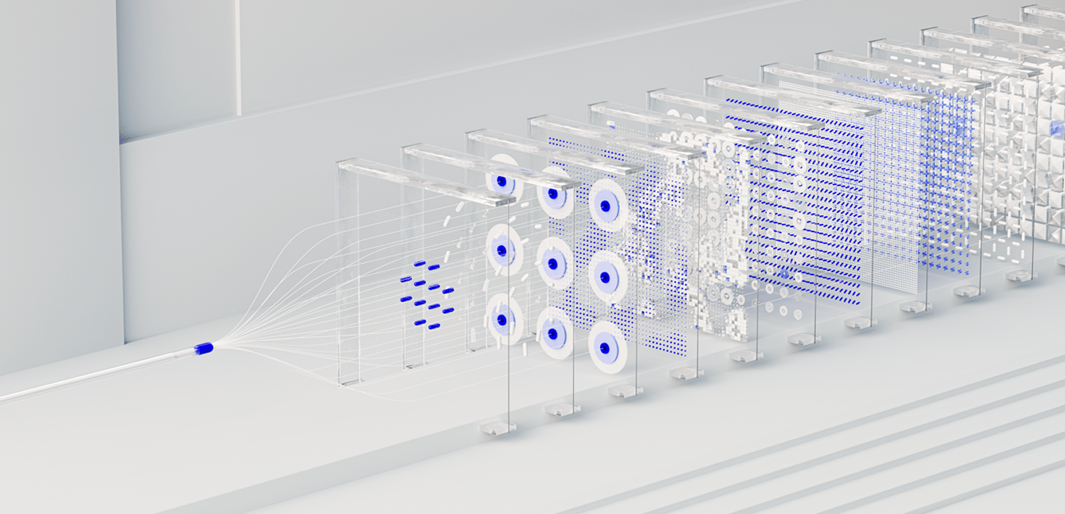 3D graphic of transparent server racks with glowing blue molecular network patterns.