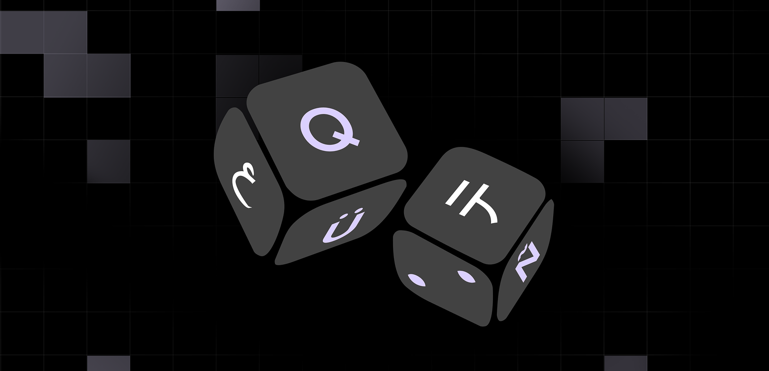 Two black dice with letters "Q" and "It" on dark pixelated background, graphic illustration.