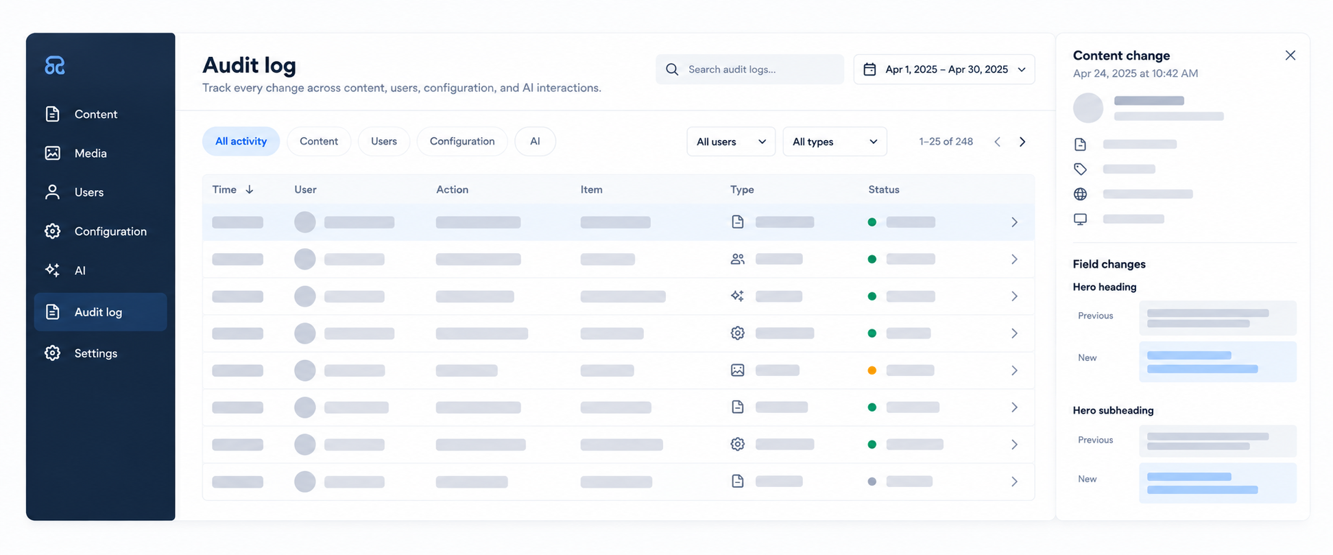 Dashboard interface showing an audit log table with dark sidebar navigation menu.