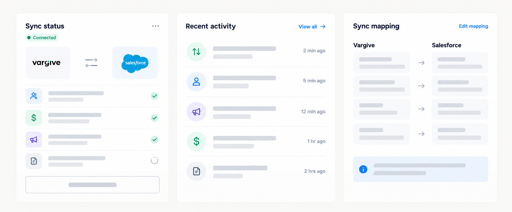 Dashboard interface showing sync status, recent activity, and sync mapping panels.