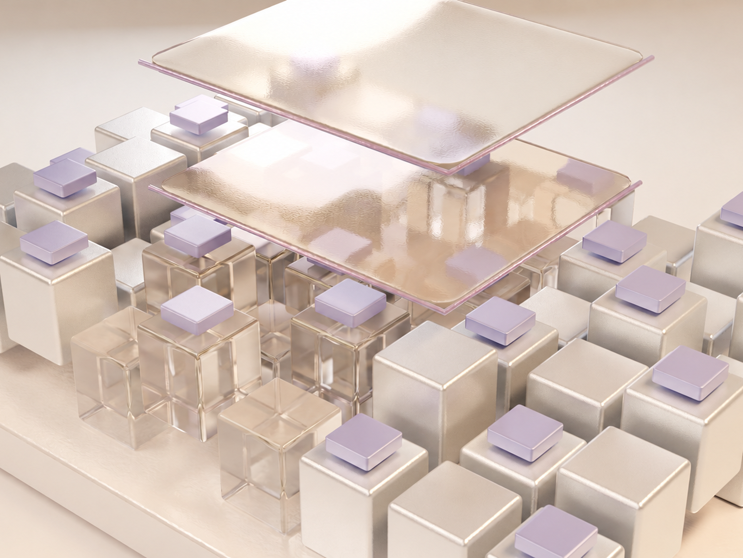 3D rendering of miniature buildings and cubes on a keyboard, digital city concept.