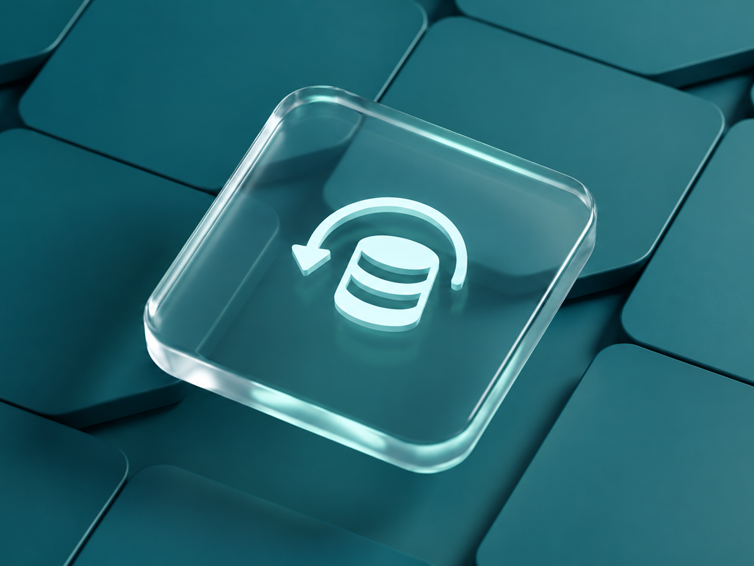 Glass icon with database restore symbol on a teal geometric background.