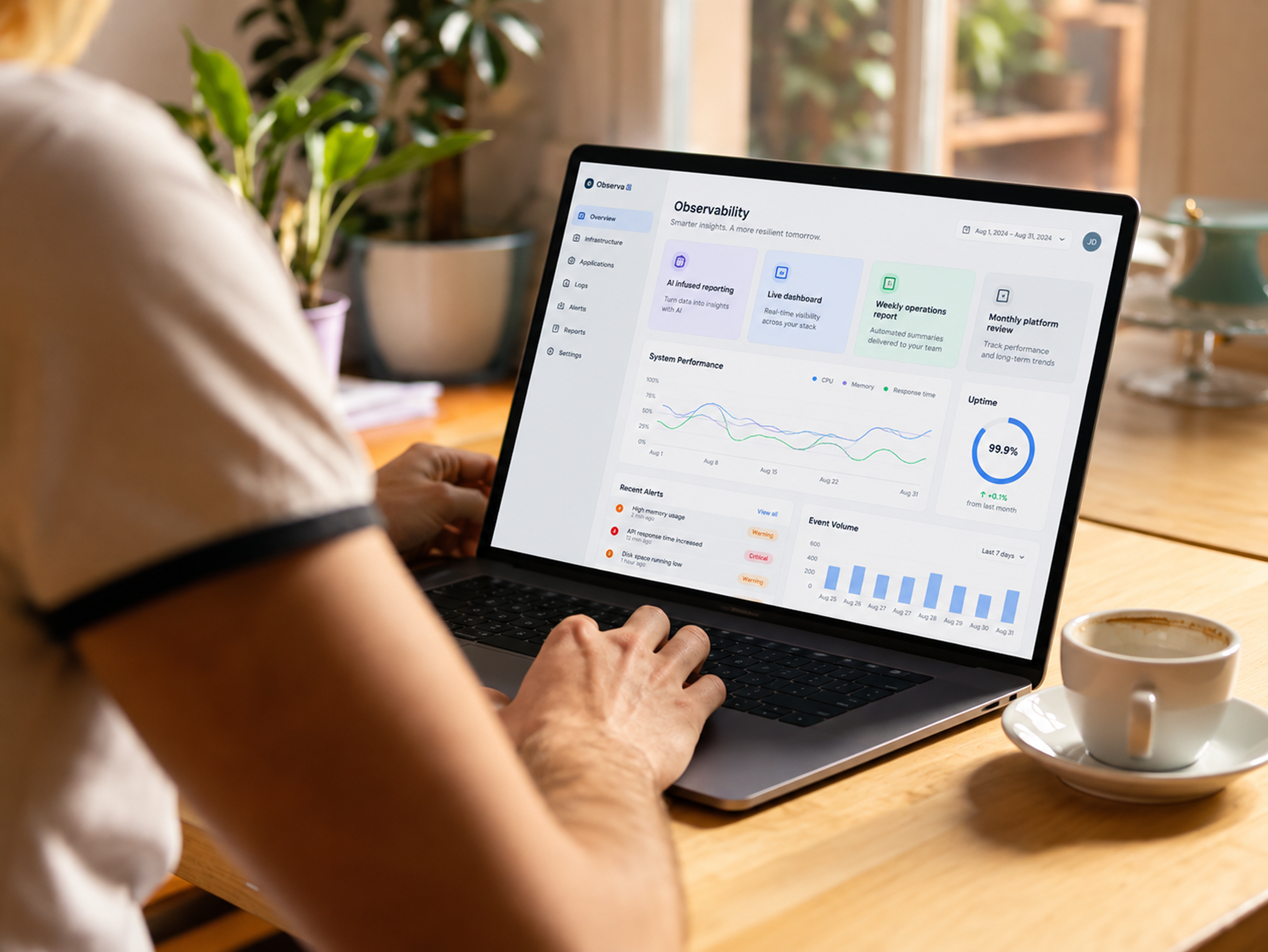 Person typing on a laptop displaying an analytics dashboard with charts and graphs.