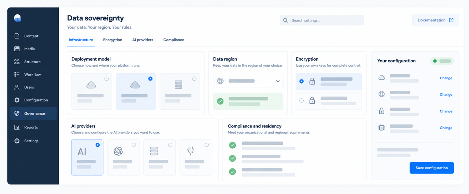 Data sovereignty dashboard interface with sidebar navigation and configuration panels.