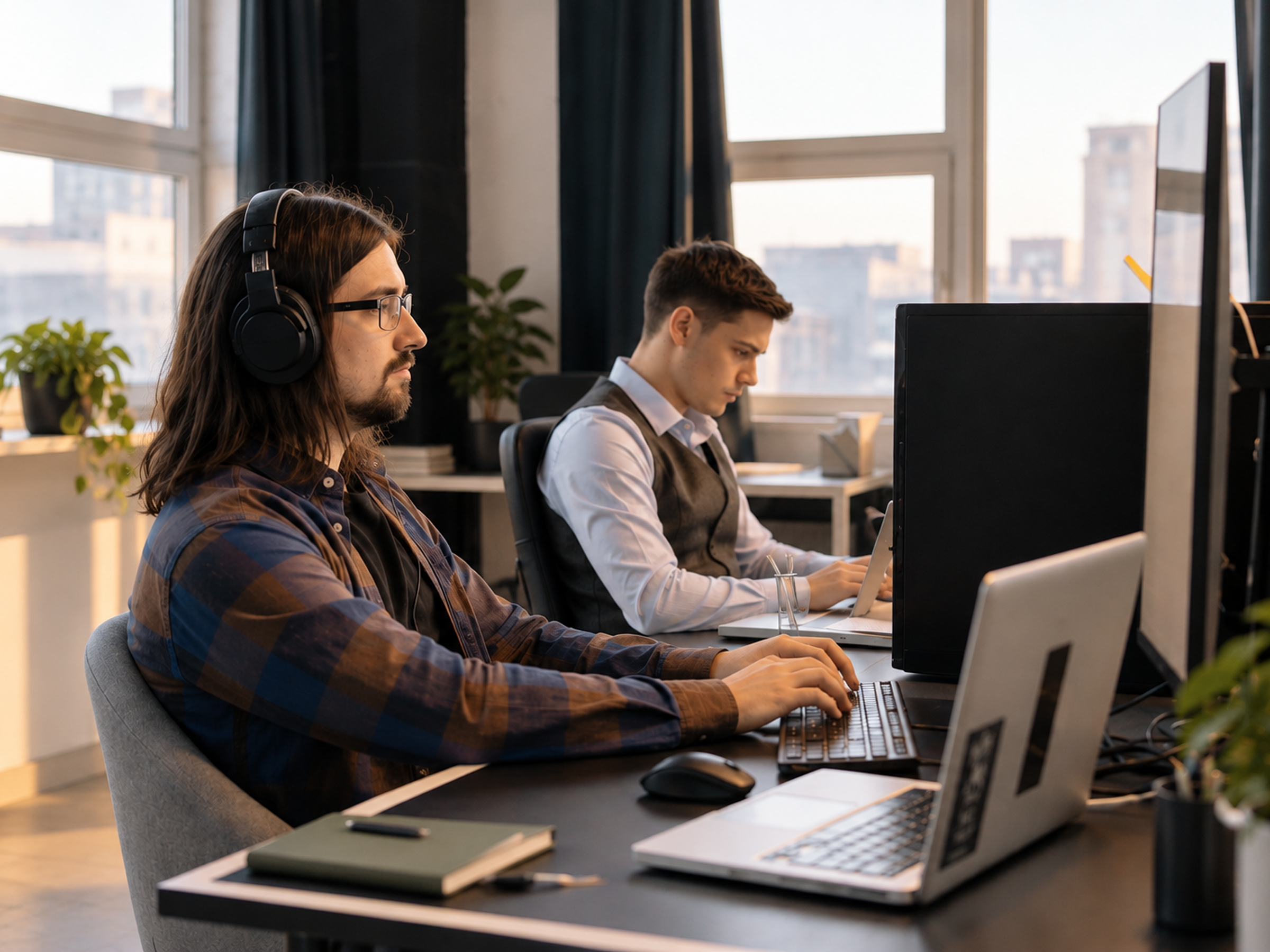 Two men working on laptops at desks in a bright office with plants.