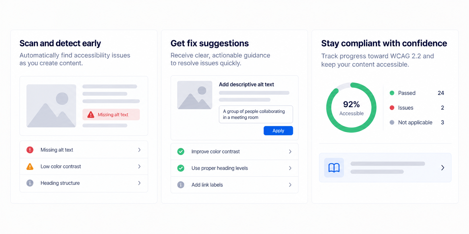 Accessibility compliance dashboard showing automated ARIA checks and a compliance score