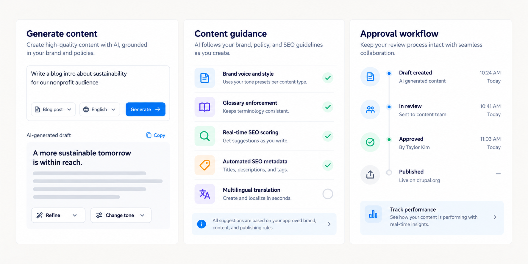 Content operations dashboard showing AI-generated content, tone presets, and an approval workflow