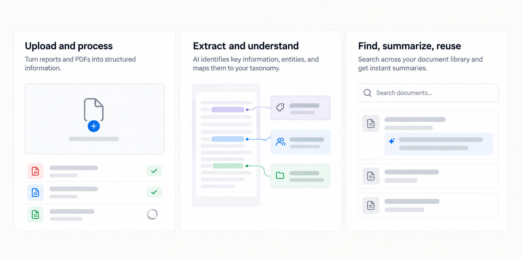 Document intelligence interface showing extracted data, summaries, and search results from uploaded documents