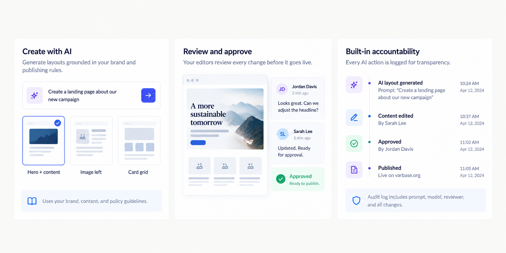 Drupal Canvas page builder interface showing AI-assisted layout creation with brand-approved content blocks