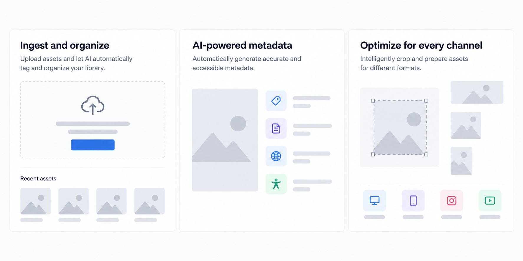Media library dashboard showing AI-generated alt text, metadata, and channel-optimized image previews