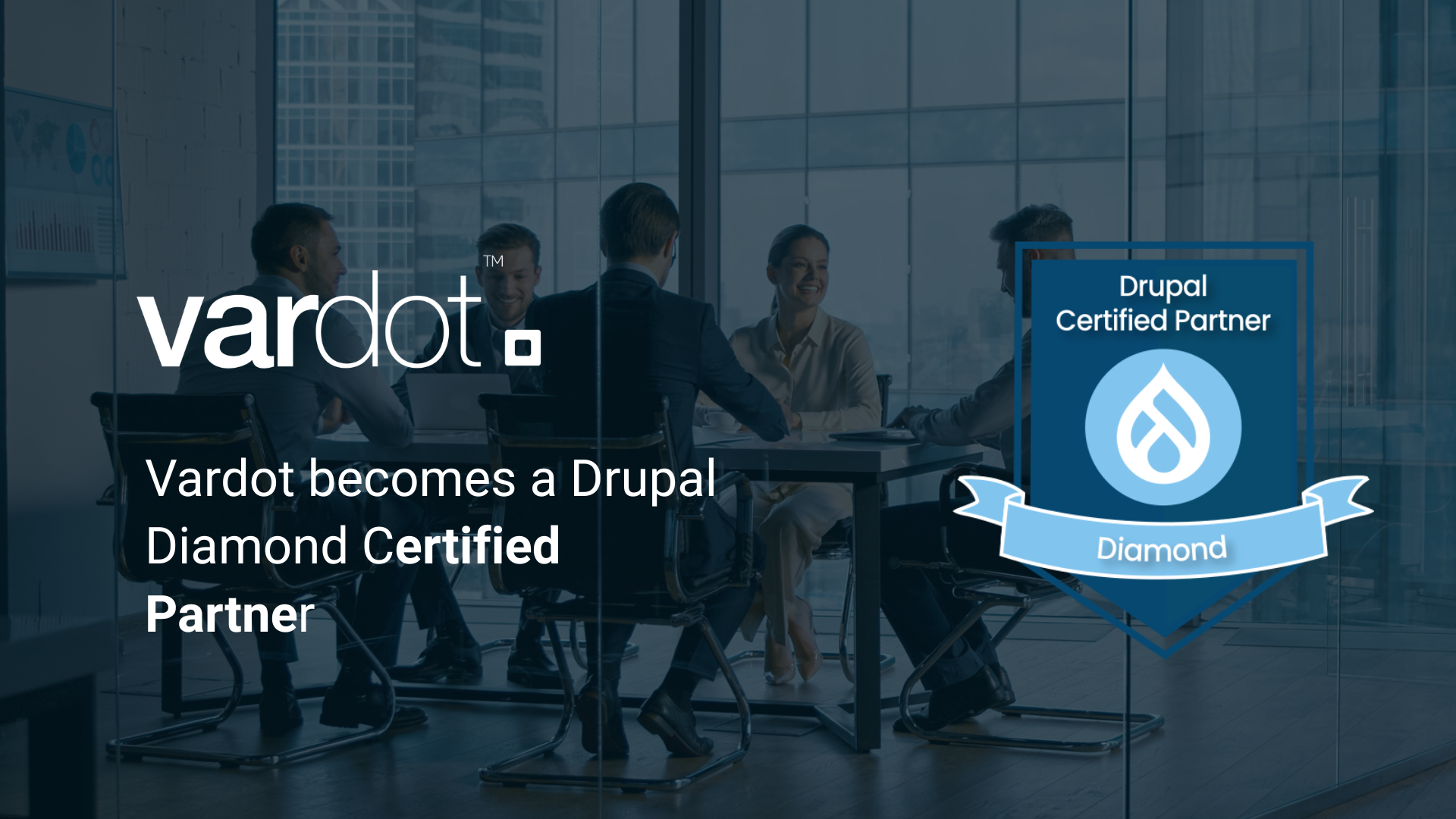 Vardot logo with text announcing Drupal Diamond Certified Partner status and a certification badge