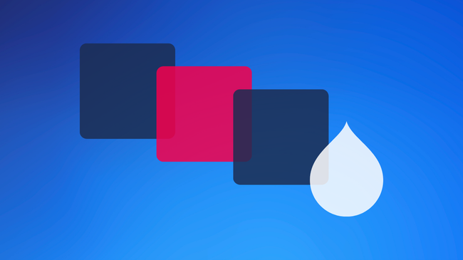 3 Squares on a blue background on the right and Drupal logo in white on the left
