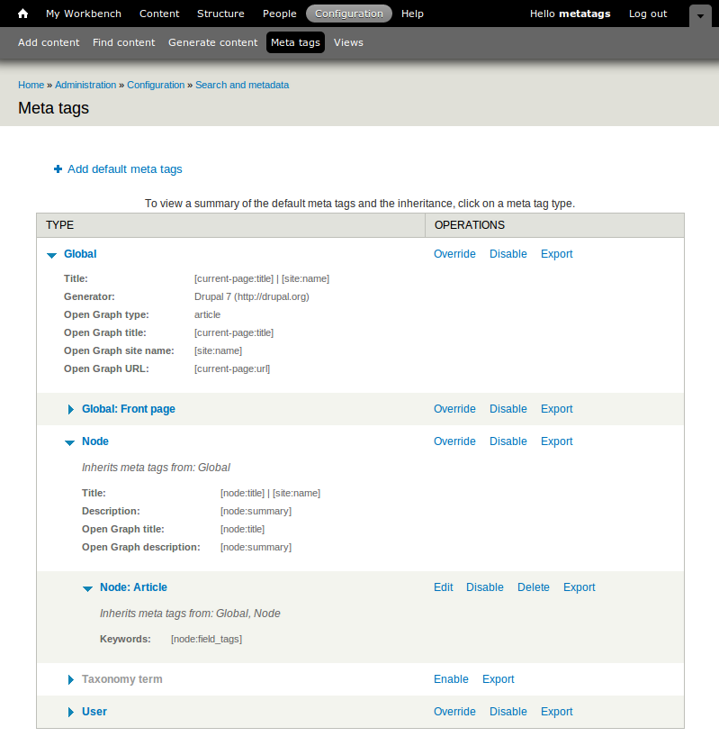 Drupal SEO module: Metatag