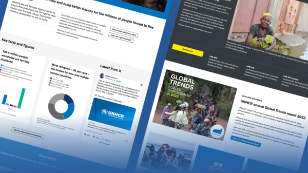 Collage of UNHCR digital content, including statistics on global displacement, refugee facts, a social media post, donation appeal, and a cover image of the 'Global Trends: Forced Displacement in 2022' report showing displaced individuals walking through a forest.