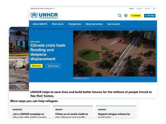 UNHCR website homepage showing a headline on climate crisis, flooding, and displacement with an aerial image of a flooded community. Navigation menu includes About UNHCR, What we do, Emergencies, News and stories, and Get involved. Below, sections highlight ways to help refugees through advocacy, social media, and supporting artisans.