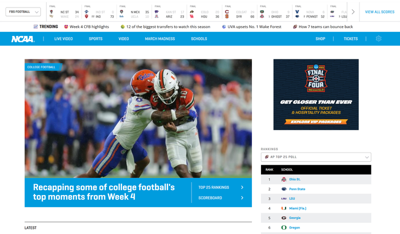 National Collegiate Athletic Association (NCAA) website homepage 