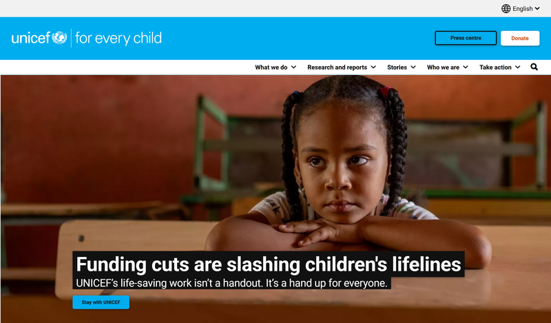 UNICEF home page with an African girl in a classroom 