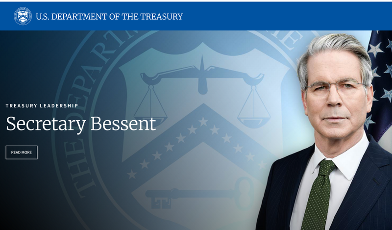 Homepage of the U.S. Department of the Treasury website featuring Secretary Bessent. The banner shows the Treasury seal in the background with Secretary Bessent’s portrait on the right and a U.S. flag partially visible