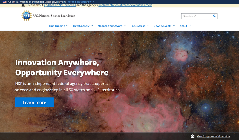 Homepage of the National Science Foundation website showing a cosmic background image with the banner text ‘Innovation Anywhere, Opportunity Everywhere’ highlighting NSF’s role in supporting science and engineering across the U.S