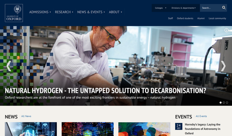 Homepage of the University of Oxford website featuring a researcher in a laboratory, with the headline ‘Natural Hydrogen – The Untapped Solution to Decarbonisation?’ showcasing Oxford’s focus on sustainable energy innovation